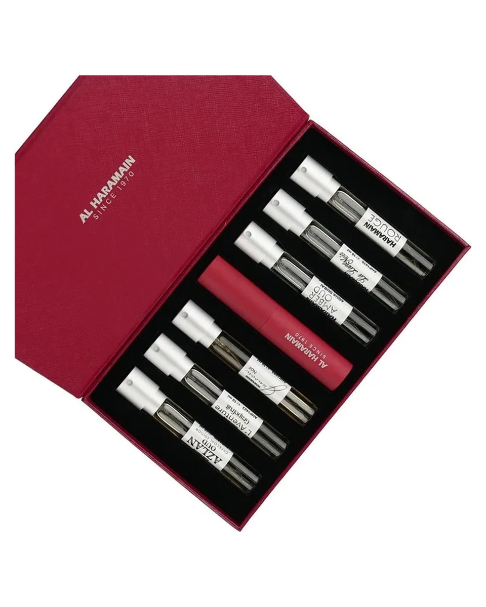 Estuche Al Haramain Miniatura Hombre 5Pz Azlan Oud/Junoon Noir/La Lune Noir/Aventure Grapefruit/Aqua Dubai/Rouge French X 10ML c/u