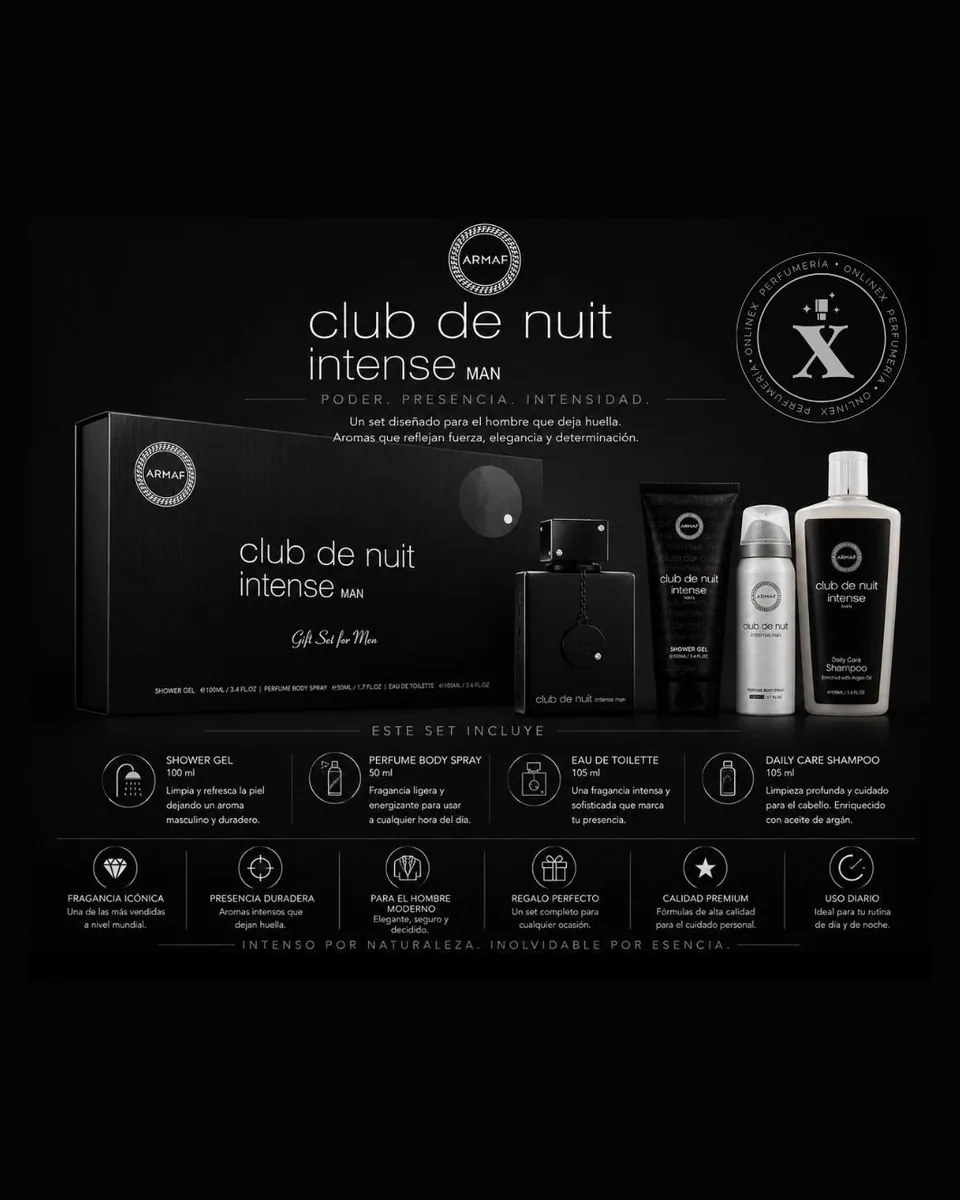 Estuche Armaf Club de Nuit Intense Hombre EDP 4Pz Perfume 105ml / Gel De Ducha / Aerosol / Shampoo