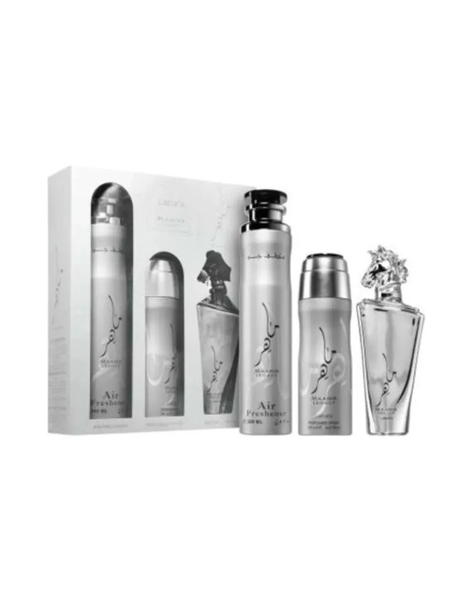 Estuche Lattafa Maahir Legacy Unisex EDP 3PZ Perfume + Aerosol + Ambientador