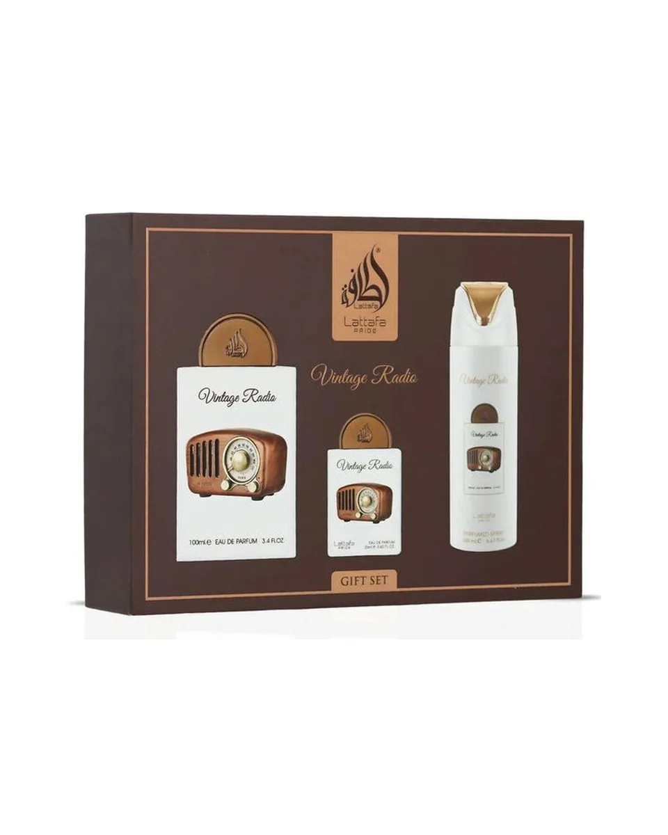 Estuche Lattafa Vintage Radio unisex EDP 3pz Perfume 100ml/Mini 20ml/Spray 200ml