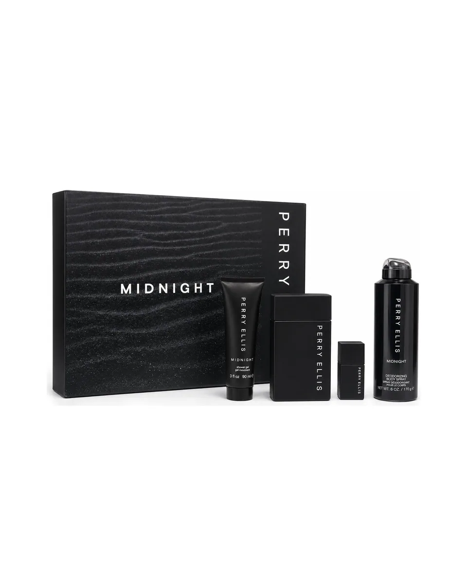 Estuche Perry ellis Midnight Hombre 4pz Perfume 100ml + Mini 7,5 ml + Shower Gel + Desodorante