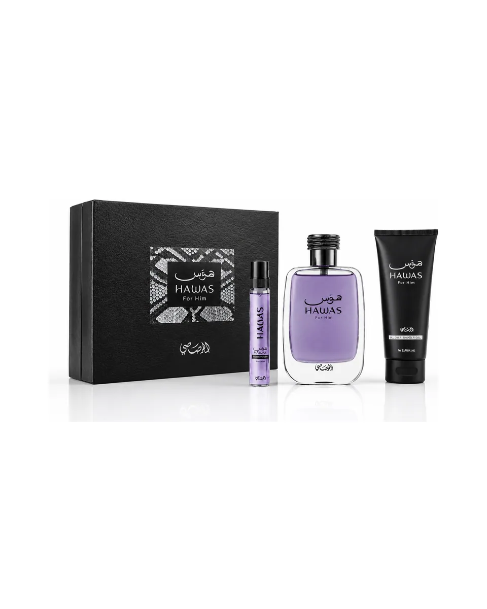 Estuche Rasasi Hawas By Rasasi Hombre EDT 3Pz Perfume 100ml / Perfume Mini 10ml / Gel De Ducha