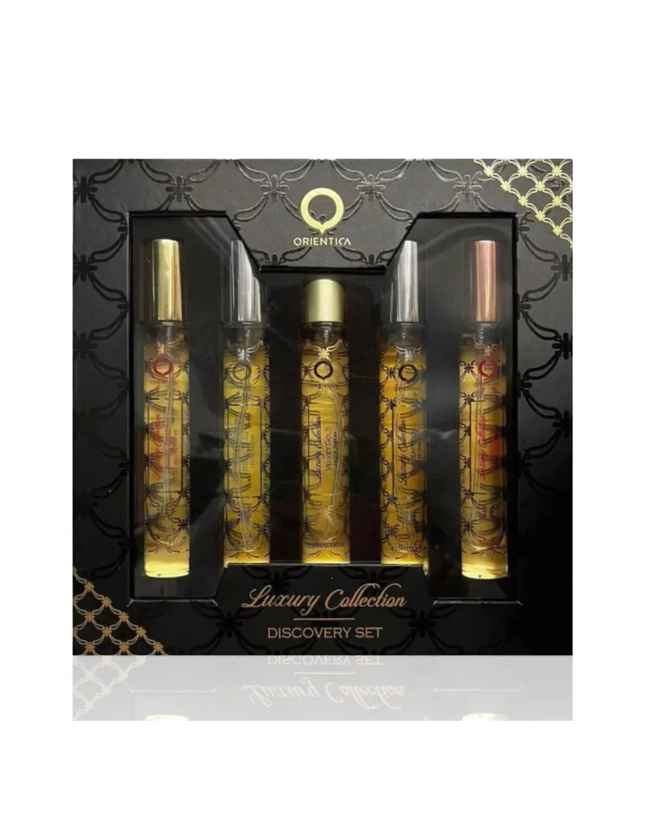 Estuche Orientica Miniatura Hombre 5Pz Velvet Gold / Oud Saffron / Amber Rouge / Royal Amber 10ml / Royal Blue X 10ml C/U