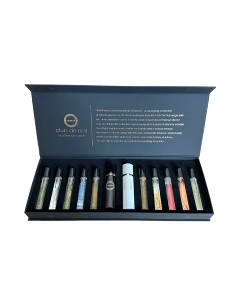 Estuche Armaf Club de Nuit Unisex Miniatura 10PZ Parfum Intense Man + SIllage + Urban Man Elixir + Iconic + Man + Intense Woman + Milestone + Untold + Woman + Imperiale 10ML C/U
