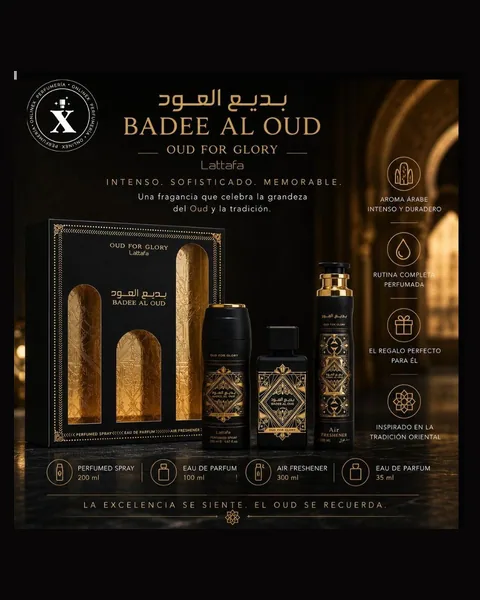 Estuche Lattafa Oud For Glory Hombre EDP 3Pz Perfume 100ml / Aerosol / Laca