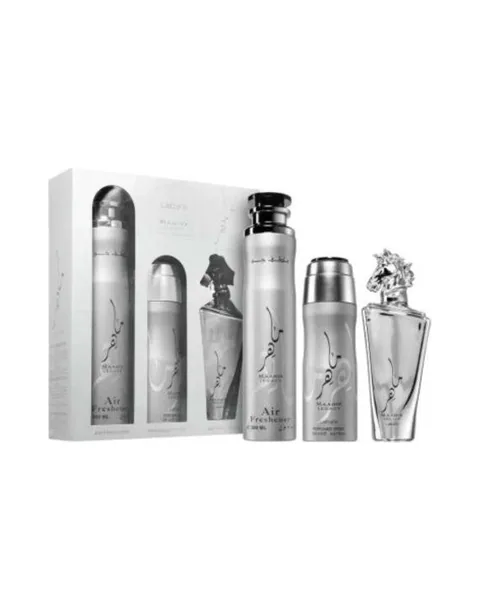 Estuche Lattafa Maahir Legacy Unisex EDP 3PZ Perfume + Aerosol + Ambientador