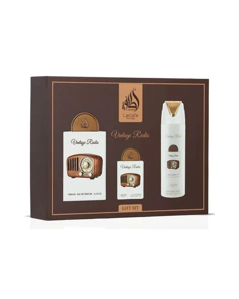 Estuche Lattafa Vintage Radio unisex EDP 3pz Perfume 100ml/Mini 20ml/Spray 200ml