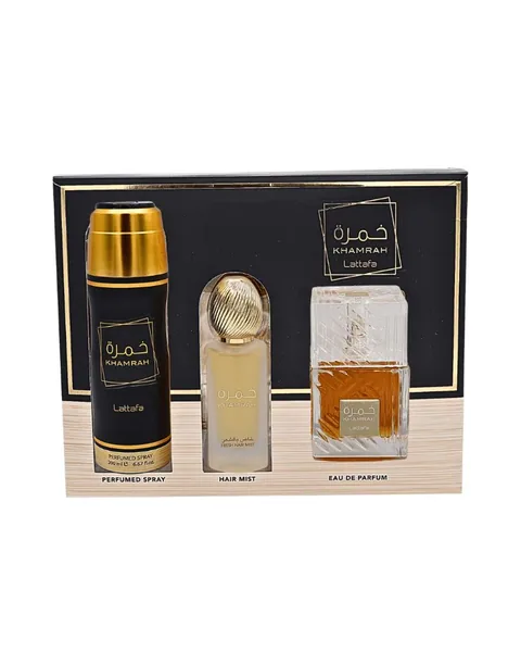 ESTUCHE LATTAFA KHAMRAH 3PZ PERFUME + HAIR MIST + PERFUMED SPRAY